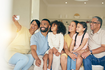 Image showing Happy, big family and selfie in home living room, bonding together and relax. Smile, profile picture and kids, grandparents and mother, father and children taking photo for memory on social media