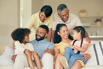Image showing Parents, kids and happy big family in home for love, care and quality time together. Mother, father and grandparents relax with young children in living room in support, smile and bond of generations