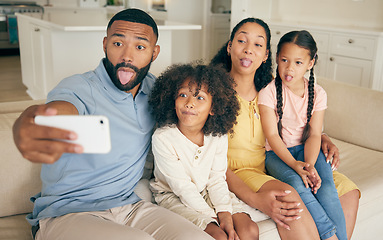 Image showing Funny face, family and selfie in home living room, bonding together and relax. Smile, profile picture and children with mother and father taking photo for happy memory on social media, love and care