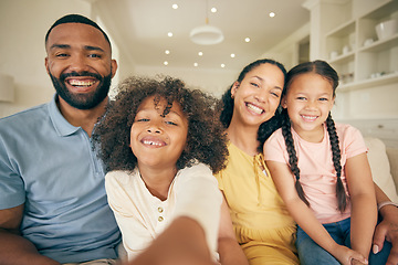 Image showing Parents, kids and portrait for selfie in home for love, care and quality time together. Face of mother, father and happy young children taking photograph for memory, relax and support in family house