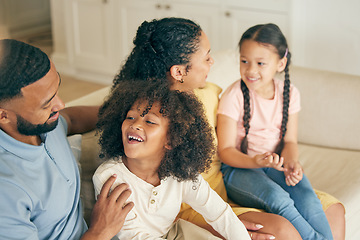 Image showing Parents, children and smile on sofa of home for love, care and quality time together in living room. Mother, father and happy young kids relax on couch for bonding, support or freedom in family house