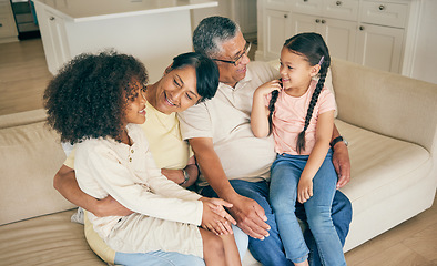 Image showing Grandparents, kids and family on sofa in home for love, care and fun quality time together. Grandmother, grandfather and happy young children relax on couch for bond, support and smile in living room