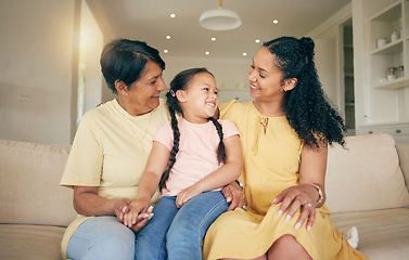 Image showing Family, grandmother and mom with child on sofa for happy bond, talking and love at home together, Hug, conversation and girl with mama or women on couch in living room for mothers day and support