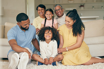 Image showing Parents, children and big family in home of love, care and quality time together. Mother, father and portrait of grandparents relax with young kids in lounge for support, smile or bond of generations