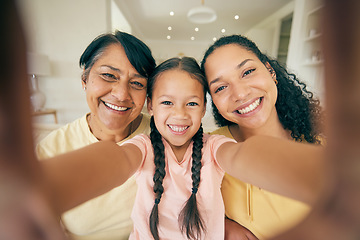 Image showing Portrait of grandma, child and selfie of mother in home, bonding together and love. Face, profile picture and mom, grandmother and girl taking photo for family memory on social media, smile and happy