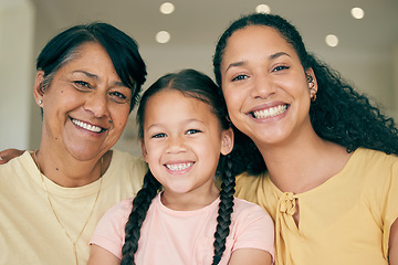 Image showing Happy, smile and generations with portrait of family in living room for love, relax and support. Retirement, happiness and grandmother with child and mother at home for care, trust and free time