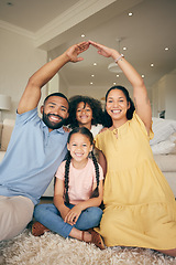 Image showing Security, portrait and happy family home with roof hands for safety, real estate investment and property insurance. Bonding, mortgage or relax mother, father and children smile for homeowner house