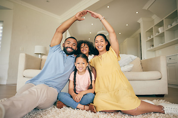 Image showing Roof hands, home family portrait and smile for safety security, real estate investment and house insurance cover. Love, mortgage and relax mom, dad and kids happiness for homeowner housing protection