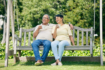 Image showing Coffee date, bench or old couple in park or nature talking and bonding together in retirement. Senior, elderly man or happy mature woman drinking tea to relax with love, peace or care on fun holiday