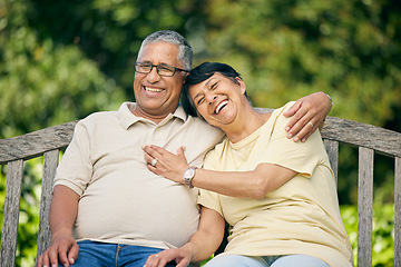 Image showing Park, hug and senior couple with love, smile and retirement with quality time, happiness and marriage. Romance, happy elderly woman and old man outdoor, embrace and affection with a relationship