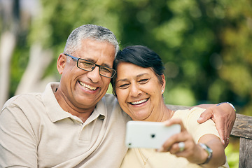 Image showing Smile, senior couple and selfie at park, nature or countryside outdoor, bonding together and love. Happy, profile picture and elderly man and woman taking photo for memory, social media or retirement