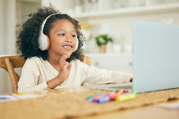 Image showing Wave, elearning or child with laptop for education, remote learning or knowledge in online class at home. Smile, kid or happy kindergarten student ready for assessment test or studying on video call