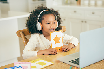 Image showing Shape, video call or child with laptop for education, remote learning or knowledge in online class at home. Girl, kid or young kindergarten student ready for elearning assessment test or studying