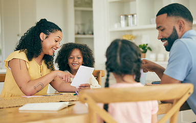 Image showing Education, parents and kids learning in home with family support, knowledge and studying together. Happy mom, dad and teaching children for young development, growth and helping with school project