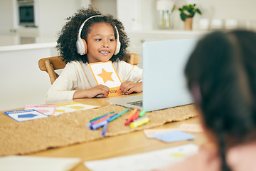 Image showing Shape, video call or happy kid with laptop for education, remote learning or knowledge in online class at home. Girl, child or kindergarten student ready for elearning assessment test or studying