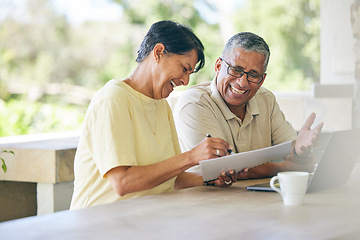 Image showing Laptop, budget and senior couple planning retirement pension fund online, internet or working together. Happy, paperwork and elderly people writing an mortgage plan or sign a contract in a home