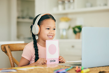 Image showing Shape, video call or happy girl with laptop for education, remote learning or knowledge in online class at home. Girl, child or excited kindergarten student elearning assessment test or studying