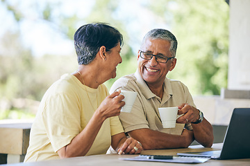 Image showing Coffee, love and laptop with old couple and planning for finance, payment and online shopping. Happy, deal and website with senior man and woman browsing at home for search, technology and morning