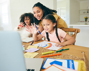 Image showing Video call, laptop and children with mother for e learning support, online class and home education. African kids, family and mom on computer, teaching platform and virtual creative school wave hello
