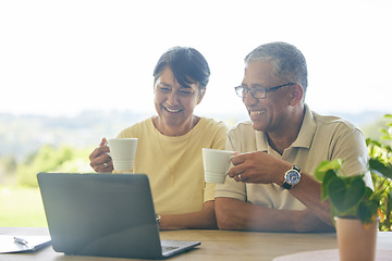 Image showing Laptop, relax and senior couple streaming a comedy show online, internet or from a subscription service on the web. Morning, coffee and elderly people happy together in a home watching a movie