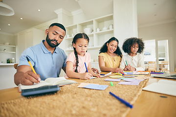 Image showing Writing, learning and family with children for home education and support in kitchen with parents or mother and father. Biracial kids, mom and dad for teaching, helping and drawing and school books
