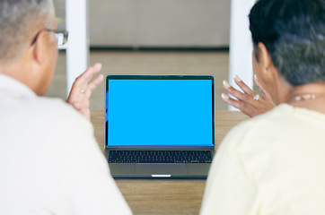 Image showing Couple, video call and mockup space on laptop for voip communication, digital connection or chat from the back. Man, woman and wave hello on computer screen for conversation, online contact or webcam