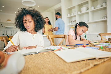 Image showing Siblings, homework or children students in house writing or drawing in kindergarten school notebook. Girls, family or kids learning or studying creative art project, education or child development
