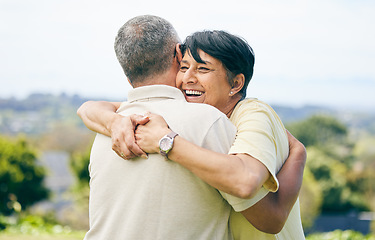 Image showing Senior woman, hug and couple together in nature with happiness, love and care for husband or partner in garden. Happy, smile on face and people in retirement park, marriage and support in embrace