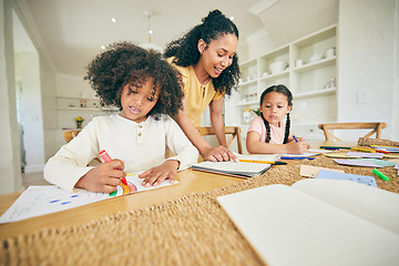 Image showing Writing, learning and children with mother for home education and support, creativity and color guide. African kids, family and mom talking, teaching and helping with school drawing for development