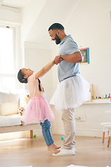 Image showing Ballet dance, father and happy kid play pretend game, learning routine steps and enjoy home fun, support and bond. Holding hands, Halloween fantasy costume and ballerina child and family dad playing