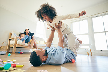 Image showing Home, airplane and happy family, father and child playing, enjoy quality time together and fun flying game on lounge floor. Fantasy, happiness and bonding dad, relax mom and kid imagine plane flight