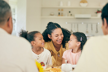 Image showing Birthday, mother and children at table for lunch, dinner and meal together for celebration at home. Family, party and happy mother with kids with cake, surprise and food for gathering and event