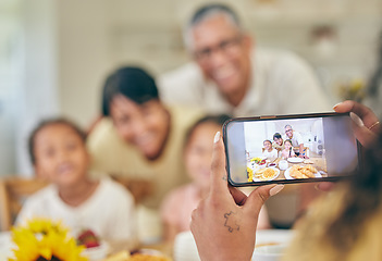 Image showing Phone, photography or happy grandparents with children in living room bonding together as a family in Mexico. Picture, blur or elderly man relaxing with old woman or kids at home on holiday vacation