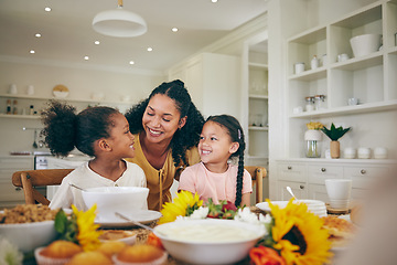 Image showing Happy, mother and children at table for breakfast, lunch and eating meal at home together. Family, morning and mom with girls in dining room with food for health, child development and nutrition