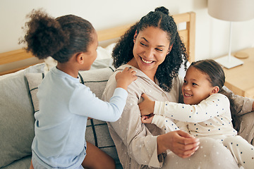 Image showing Mother, home and children playing or happy with parent together in the morning laughing in a bedroom on a bed. Funny, bonding and mom enjoy quality time with kids or girls with happiness and love