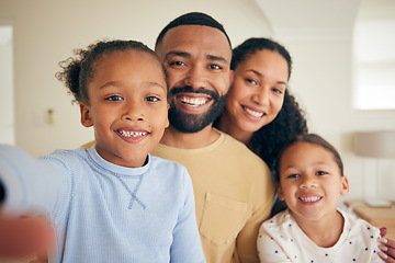 Image showing Face of parents, children and happy for selfie in home for love, care and quality time together. Portrait of mother, father and young kids smile to capture profile picture for memory in family house