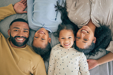 Image showing Happy family, bed and portrait of children relax or happy with parents together in the morning in a bedroom. Smile, dad and mom enjoy quality time with kids or girls with happiness, care and love