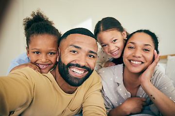 Image showing Face of parents, kids and happy selfie in home for love, care and enjoy quality time together. Portrait of mother, father and young children relax with smile, memory and photography in family house