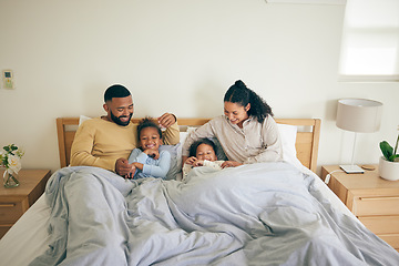 Image showing Morning, relax and family with children on bed for bonding with happiness on weekend with care. Love, parents and kid together in bedroom for rest with girls or love for quality time with youth.