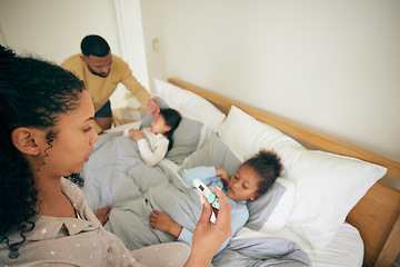 Image showing Bed, thermometer check and children sick from cold virus, fever or disease with worried mother helping, aid or family support. Home bedroom, parents stress or mom reading temperature test of ill kids