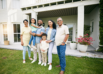 Image showing Family, outdoor home and portrait of children, grandparents and mother with father for real estate in Mexico. Wealth, new house and happy people, mom and dad with grandmother and kids in backyard