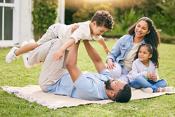 Image showing Picnic, airplane and happy family relax, play or enjoy outdoor quality time together, flying games and nature fun. Summer freedom, backyard and bonding dad, mom and kids imagine plane flight in park