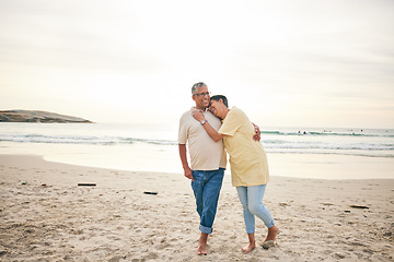 Image showing Senior couple hug, laughing and beach, ocean and travel with bonding and love, trust and marriage outdoor. Adventure, holiday and happiness, man and woman with comedy and life partner in nature