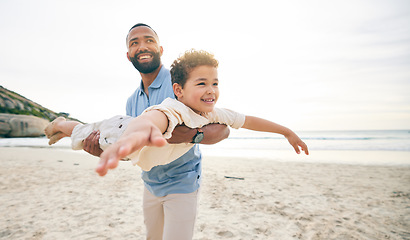 Image showing Love, airplane and father with child at the beach with freedom, smile and bonding in nature together. Happy, flying and parent with boy kid at the sea for fun, games and freedom, holiday or trip