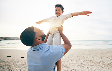 Image showing Happy, father and son playing, beach and summer holiday with happiness, travel and bonding. Portrait, dad and male child on a seaside vacation, quality time and fun on a break, activity and smile