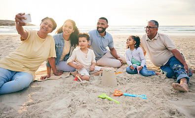 Image showing Family, generations and selfie on the beach, travel and tropical vacation with memory and social media post. People outdoor, grandparents and parents with young kids, adventure and smile in picture