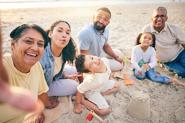 Image showing Selfie, beach sand and family portrait with children and grandparents for holiday, Mexico vacation and games. Play, castle and happy grandmother photography of mom, dad and children outdoor by ocean