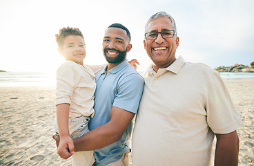 Image showing Summer, portrait and family at the beach in the morning for walking, travel or holiday in Spain. Smile, sunshine and father, child and grandfather at sea for a vacation, care and time at the ocean