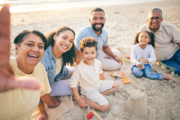 Image showing Family, beach selfie and children, grandparents and portrait in sand for holiday, Mexico vacation or games. Play, castle and happy grandmother in profile picture of mom, dad and kids outdoor by ocean