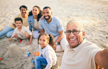 Image showing Family, beach selfie and kids, grandparents and portrait in sand for holiday, Mexico vacation or games. Play, castle and happy grandmother in profile picture of mom, dad and children outdoor by ocean